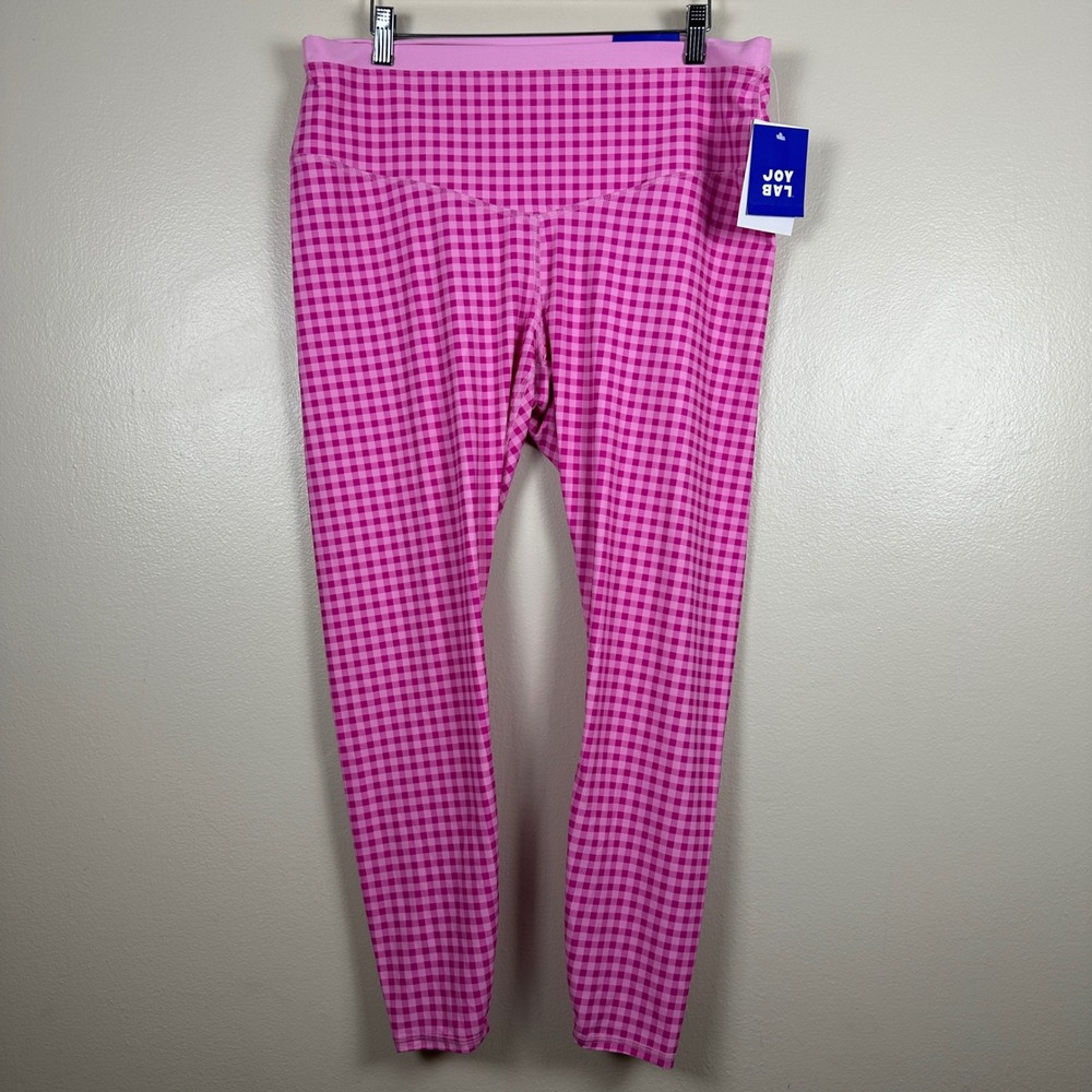 JoyLab Women's XXL Leggings Pink Gingham High Rise Moisture Wicking NWT